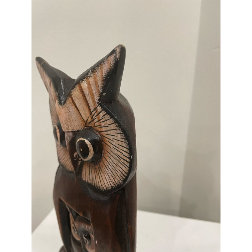 Vintage MCM Hand Carved Hand Painted Wooden Owl Sculpture With Baby Decorative - Picture 8 of 11